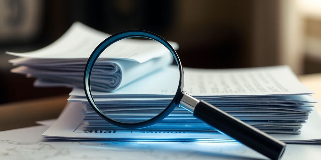 Magnifying glass over documents with digital glow.