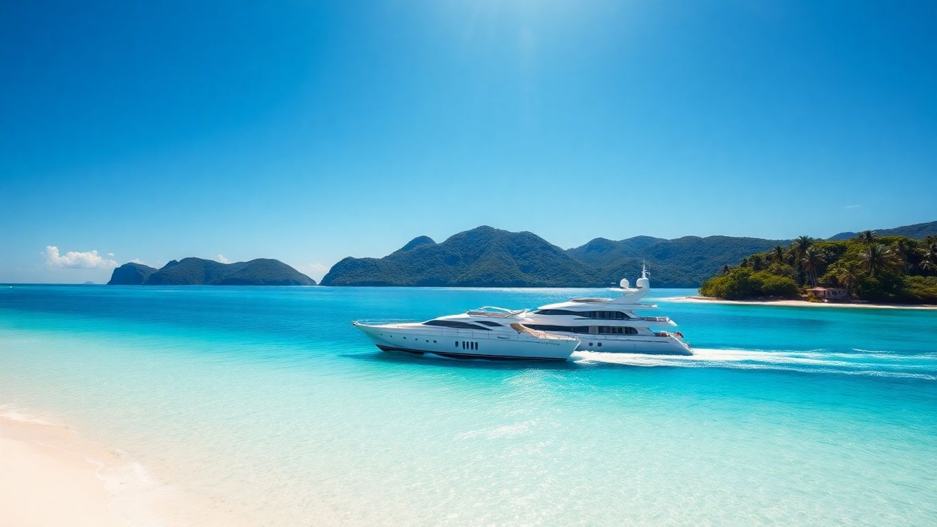Yacht sailing on turquoise Caribbean water near palm-lined beach.