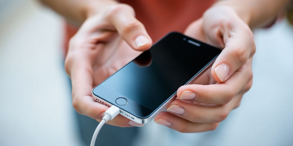 Mãos segurando celular e cabo USB.