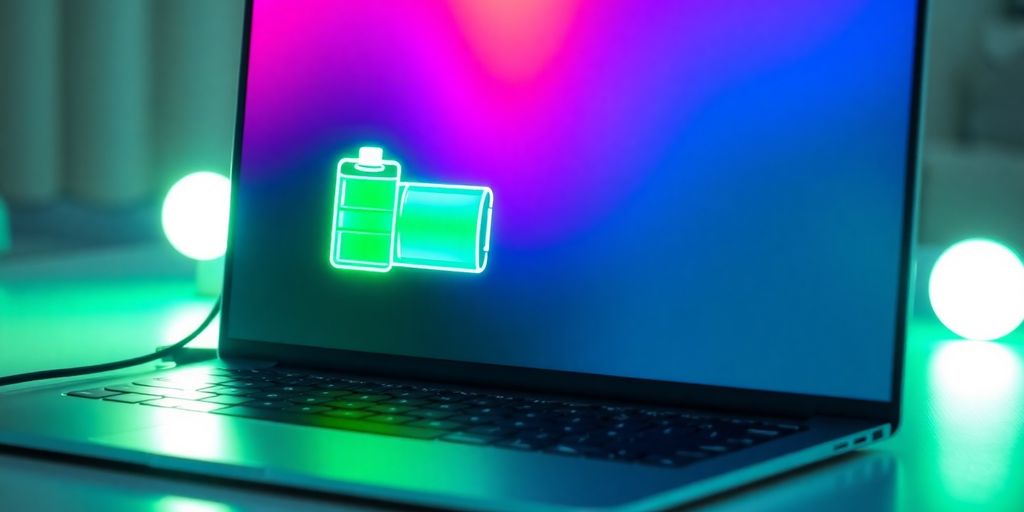 Laptop com destaque para ícone de bateria na tela.