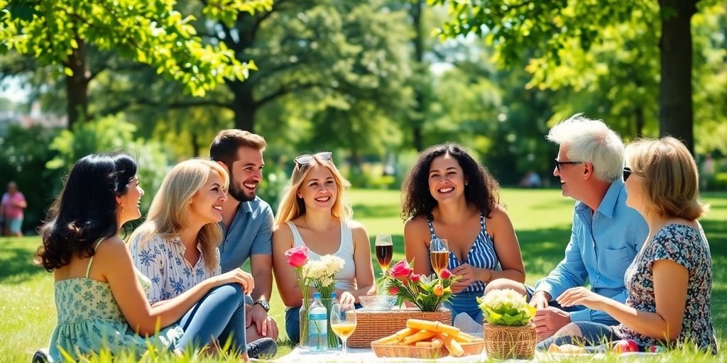Family picnic in a sunny park, relaxed expat lifestyle.