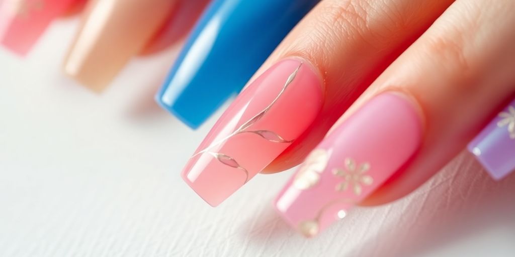 Unhas em gel coloridas e bem cuidadas.