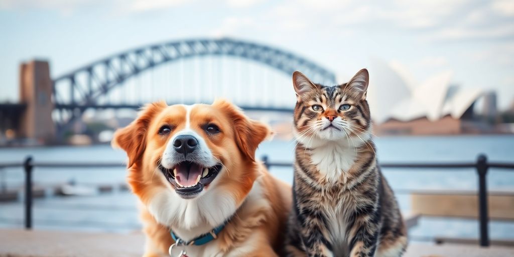 Happy dog and cat with a Sydney Harbour background.