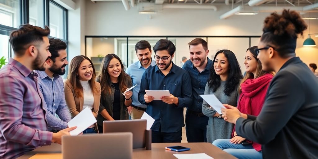 Diverse entrepreneurs collaborating in a bright office environment.
