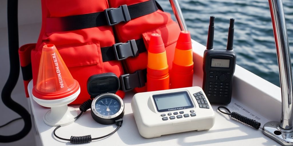 Essential safety equipment for boat navigation on deck.