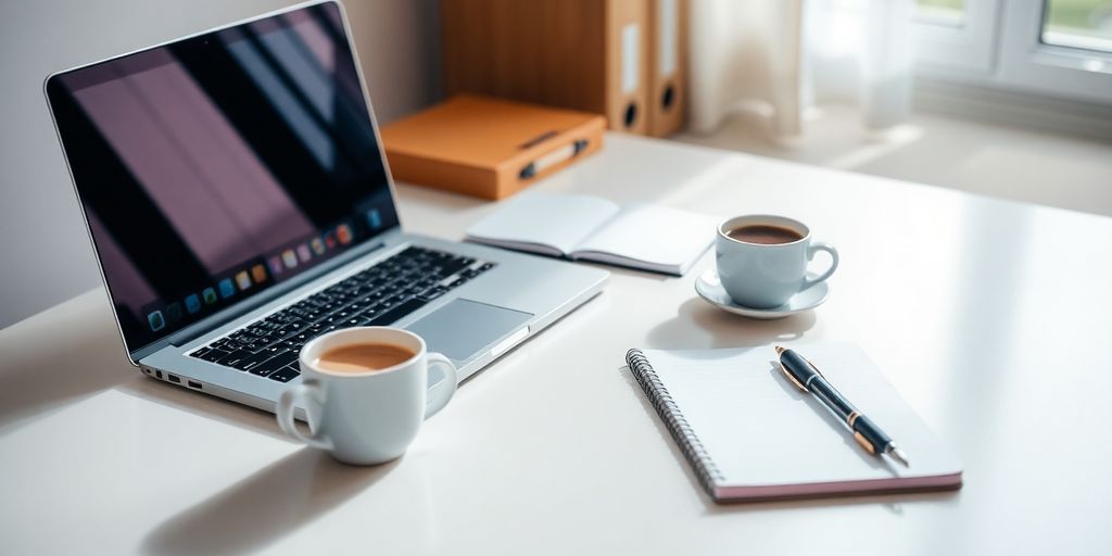 A cozy workspace with a laptop and notebooks.