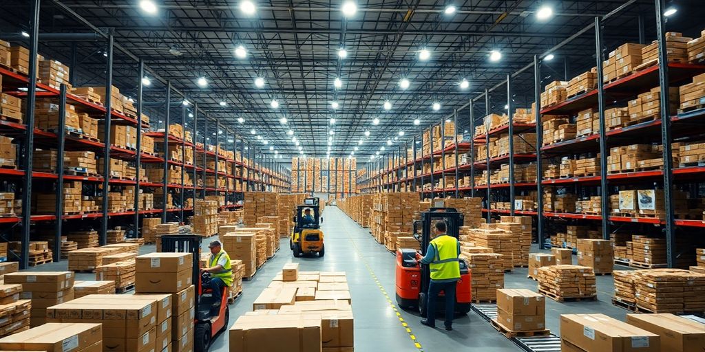 Workers move packages in a large warehouse.