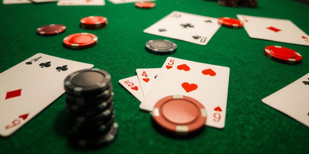 Blackjack cards and chips on a felt table.