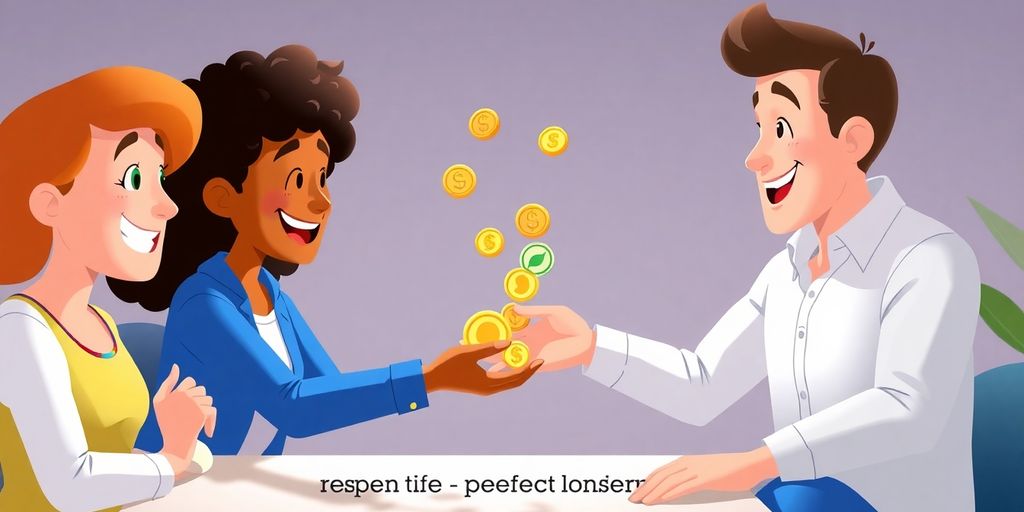 Cartoon hands exchanging money between people.