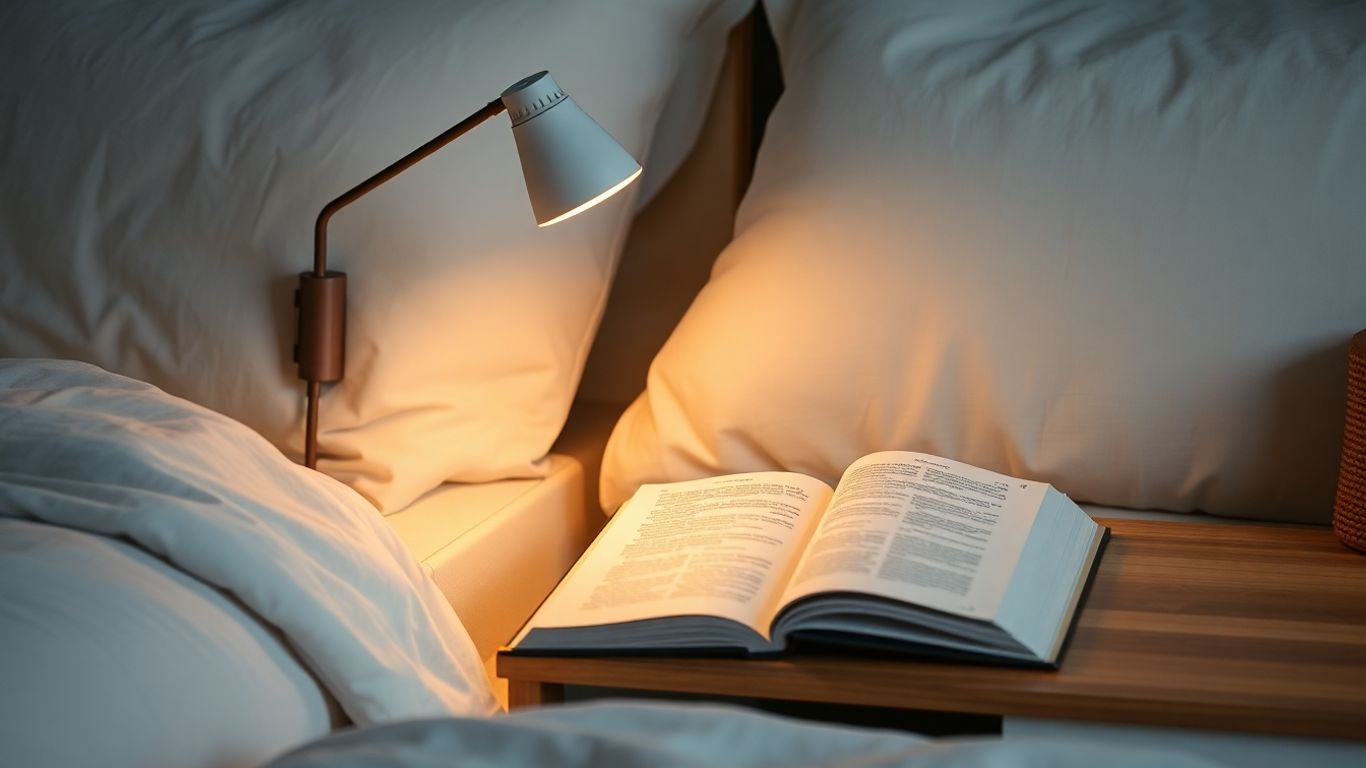 Modern bedside clip lamp lighting an open book at night