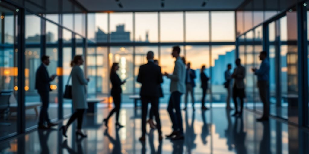 Sleek, modern office interior with warm, ambient lighting.