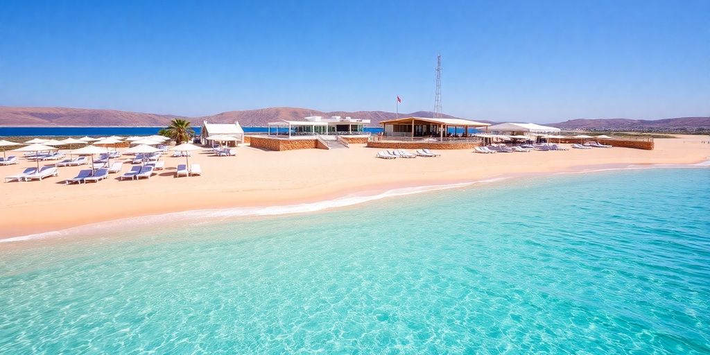 Turquoise waters and golden sands at Psarou Beach.