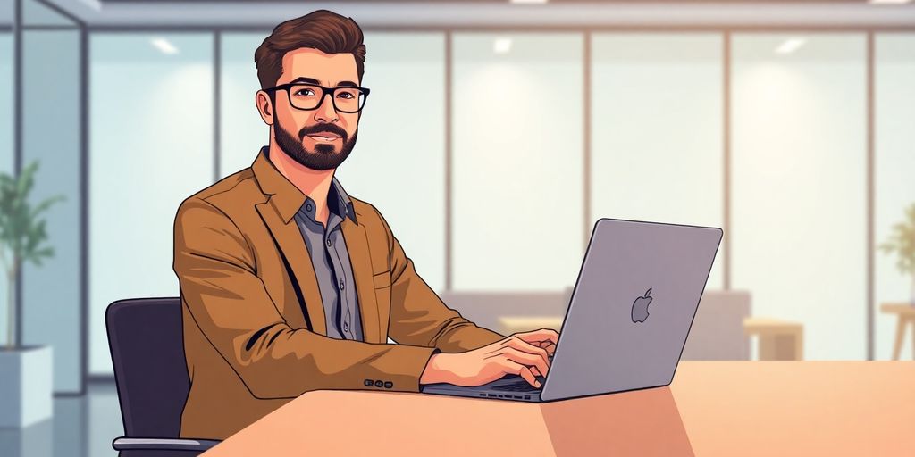 Corporate instructional designer at a sleek desk.