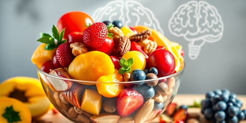 Healthy food bowl and brain illustration for mental clarity.