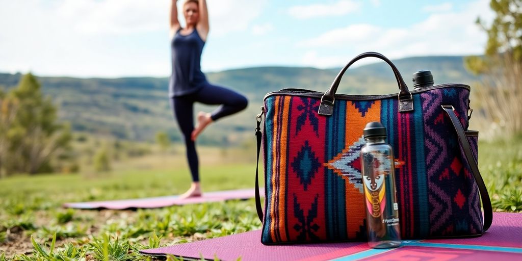 Colorful Pendleton Yeti yoga mat in outdoor setting.
