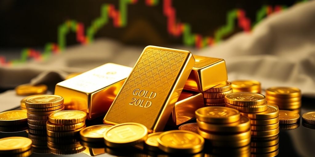 Des barres d'or et des pièces avec d'autres investissements.