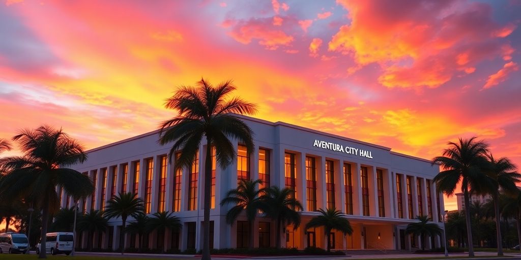 Aventura City Hall at sunset.