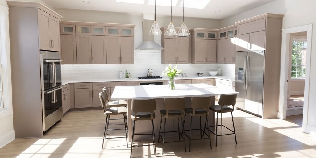 Modern kitchen remodel with island and new cabinets.