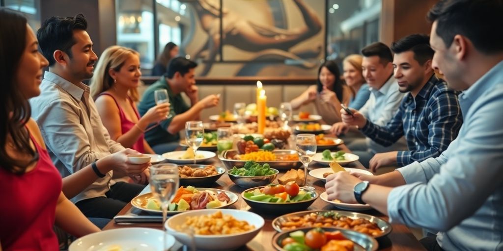 Engaged diners at a restaurant table with diverse dishes.
