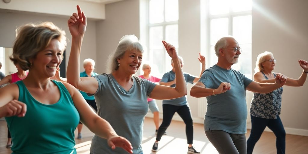 Seniors exercising with a trainer in a bright room.