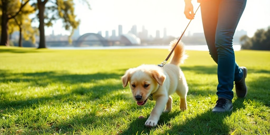 Happy puppy playing with owner at Sydney park.