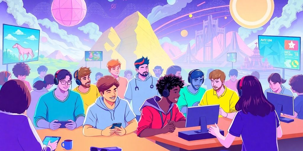 Gamers interacting in a vibrant virtual nft gaming world.