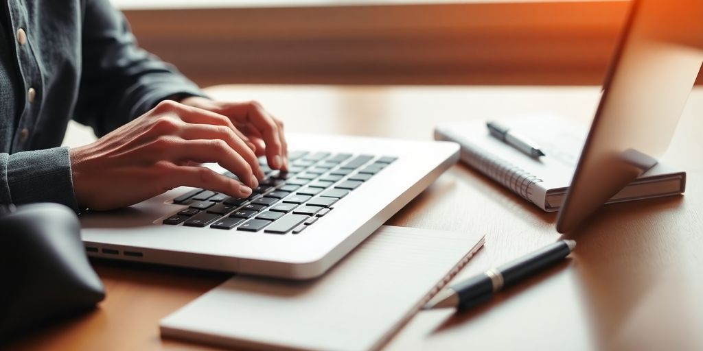 Person writing content at a cozy workspace with laptop.