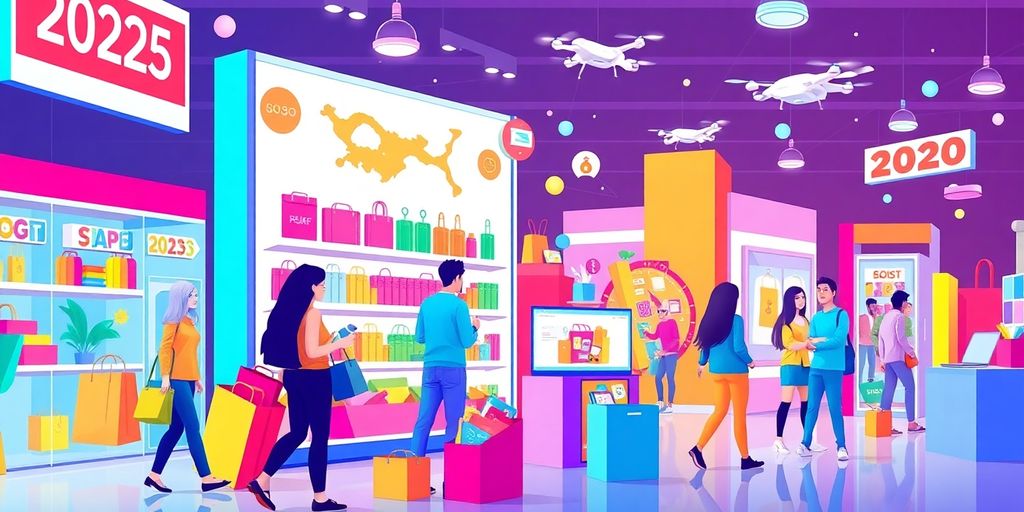 Vibrant e-commerce scene with shoppers and innovative products.