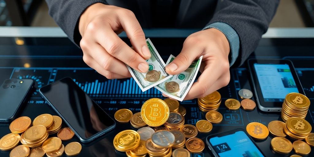 Échange d'argent physique contre cryptomonnaies sur une plateforme.