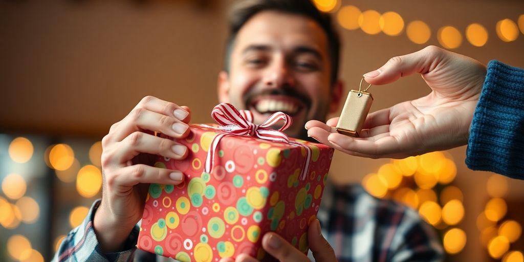 Surprised boyfriend receiving a unique birthday gift.
