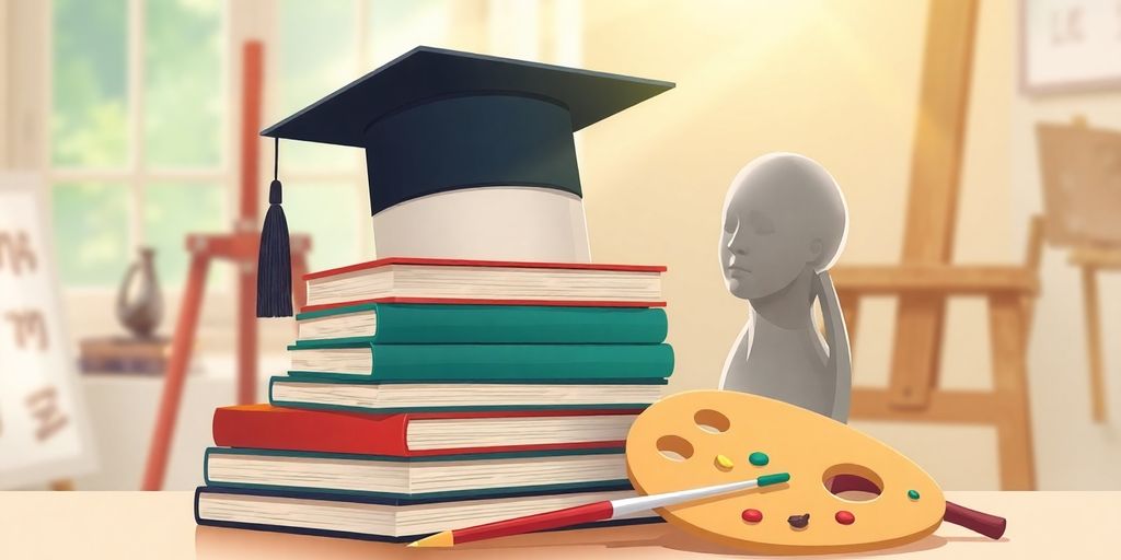 Graduation cap and diploma, artistic tools.