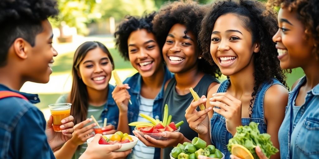 Teenagers enjoying healthy foods and outdoor activities.