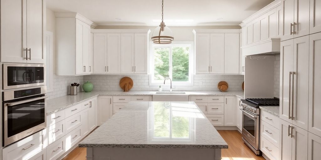 Modern kitchen with island and granite countertops.