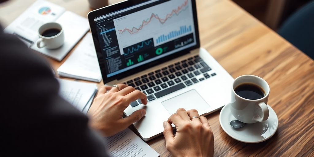 Persoon analyseert digitale gegevens op laptop met notities.