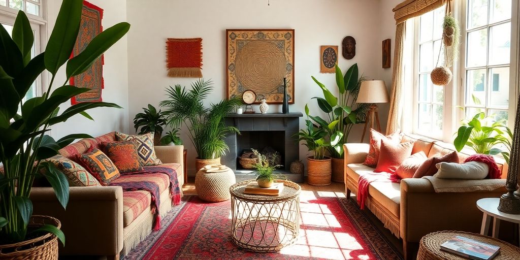 Vibrant boho living room with colorful decor and plants.