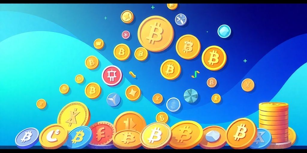 Illustrative image of diverse cryptocurrencies on a gradient background.