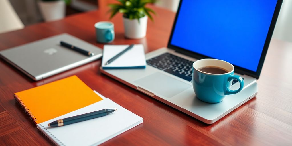 Freelance workspace with laptop, notepad, and coffee cup.