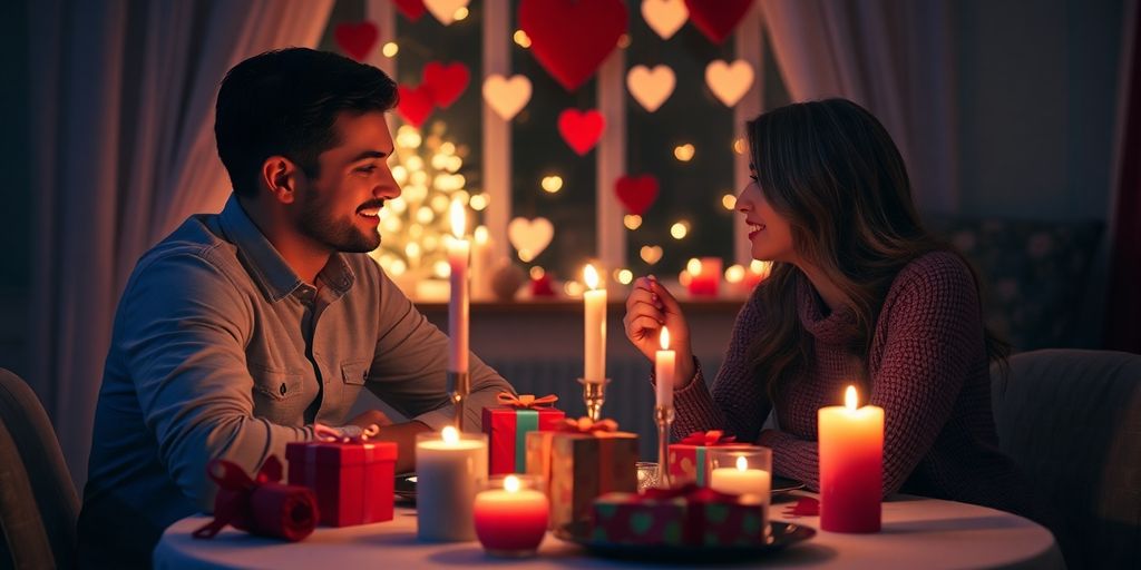 Couple sharing a romantic candlelit dinner for Valentine's Day.