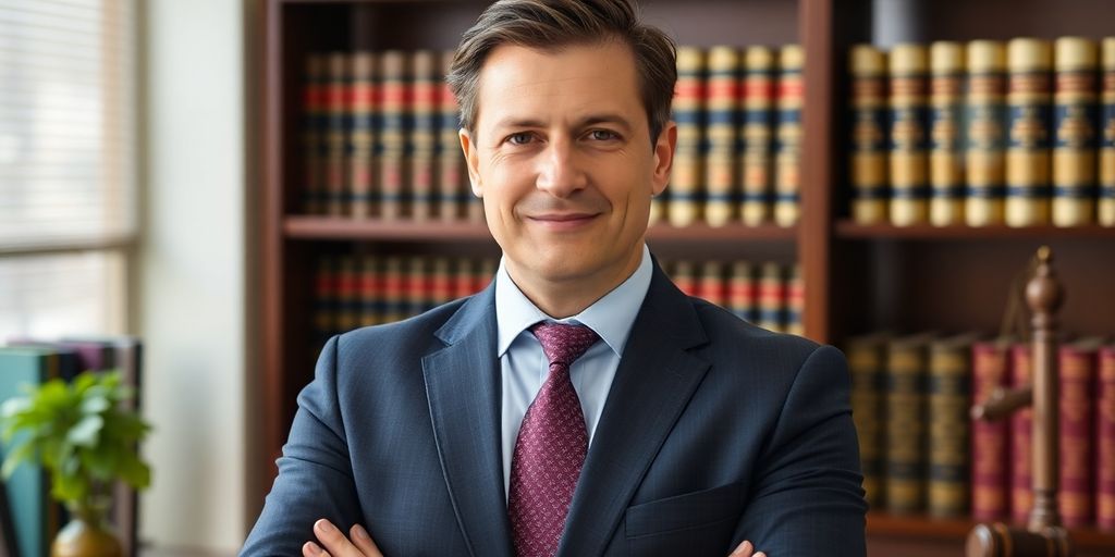Professional lawyer in an office with law books.