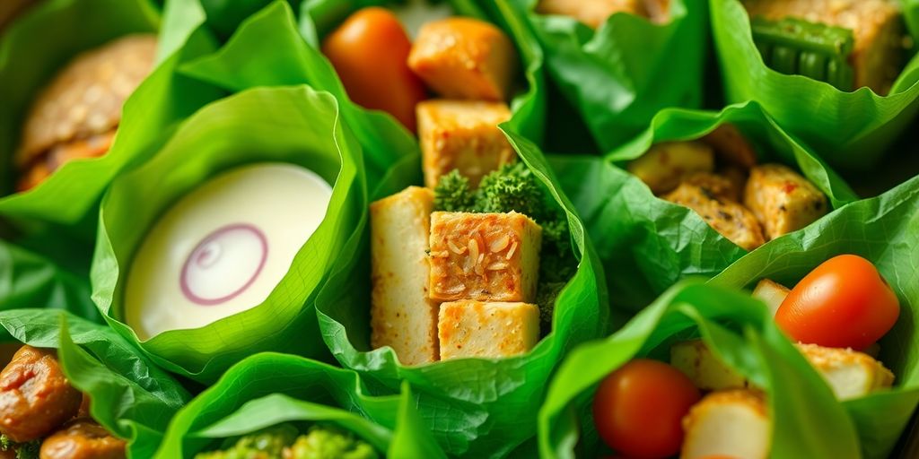 Green leaves encasing food products.