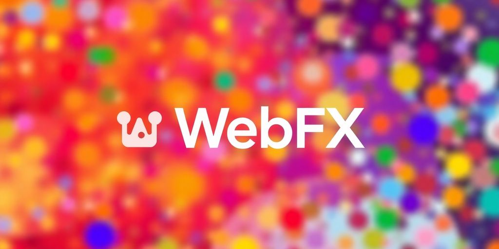 Logo WebFX con fondo abstracto y colores vibrantes.