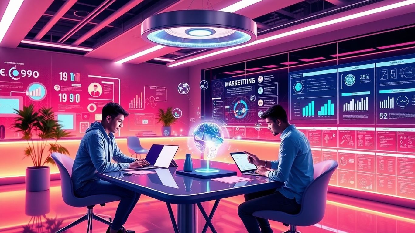 Marketers collaborating with futuristic AI tools in a workspace