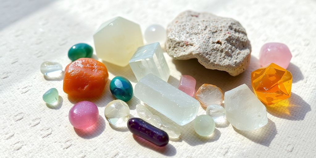 Vari cristalli su una superficie morbida e luminosa.