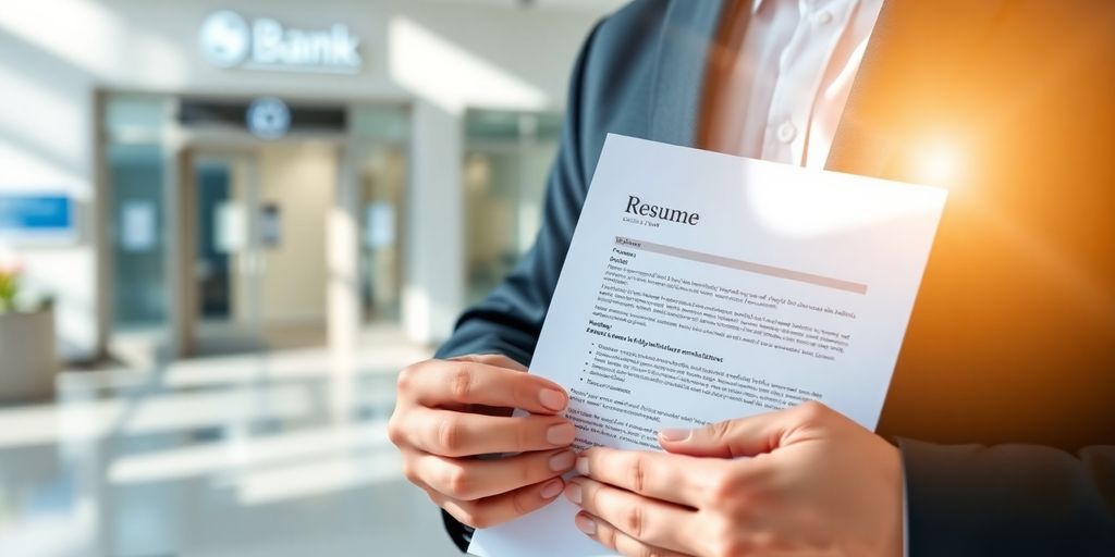 Person holding resume, bank in background.