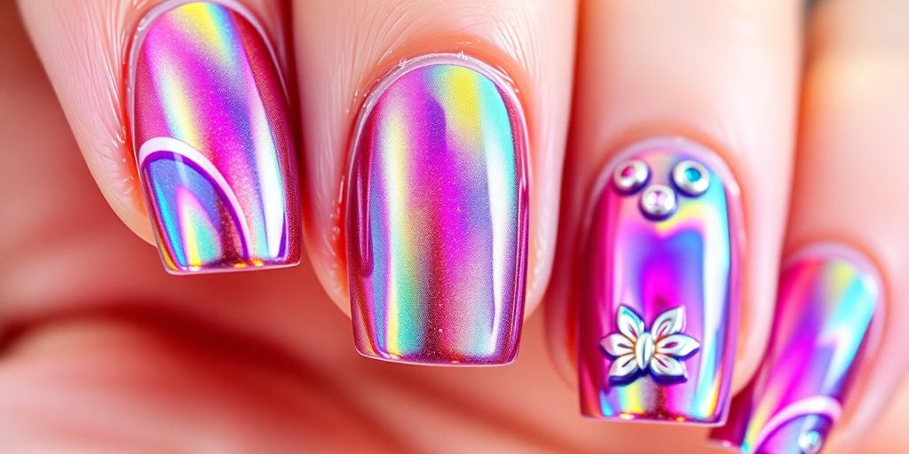 Unhas cromadas brilhantes e decoradas em diferentes cores.