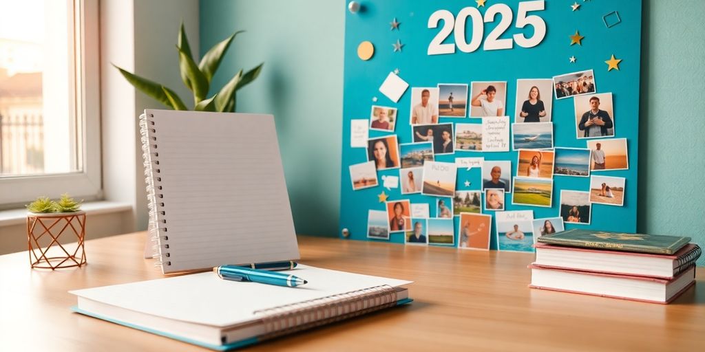 Motivational workspace with planner and vision board.