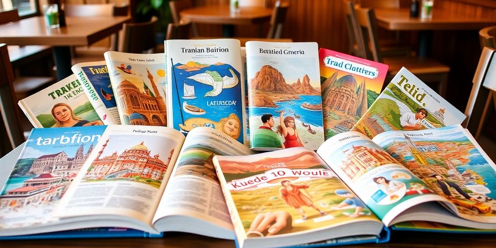 Colorful travel guides on a table in a cafe.