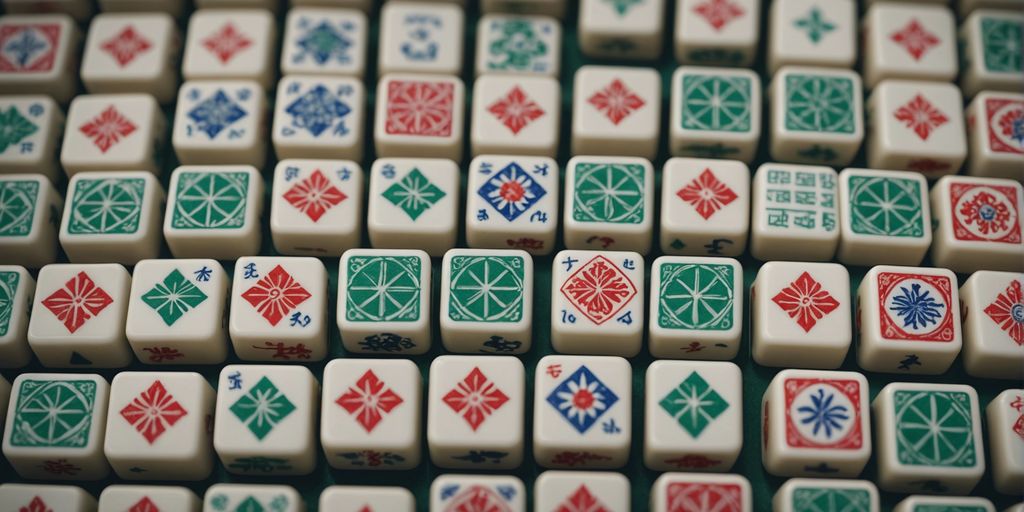 A colorful grid of Mahjong tiles displaying various designs and symbols, representing a complete guide to Mahjong tiles names.