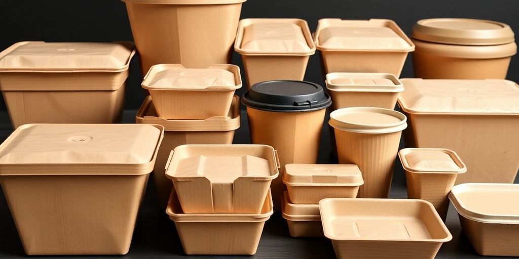 Eco-friendly food packaging arranged neatly.