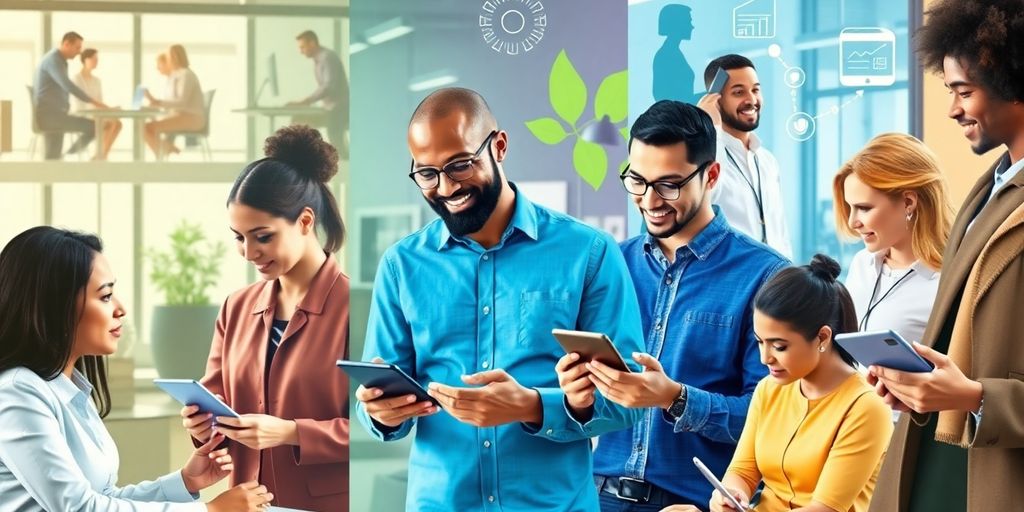 Diverse professionals collaborating in a modern business setting.